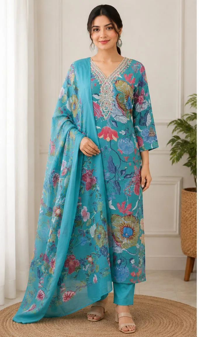 Premium Digital Printed Muslin Kurti Set with Dupatta — Color 1 — women's fashion — FIVES Lifestyle Nepal