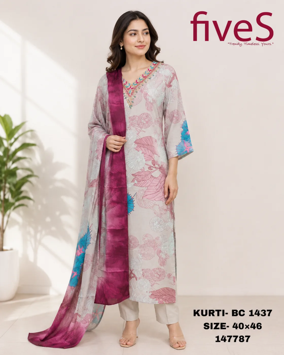 Premium Digital Printed Muslin Kurti Set with Dupatta — Muslin — Color 1 — women's fashion — FIVES Lifestyle Nepal