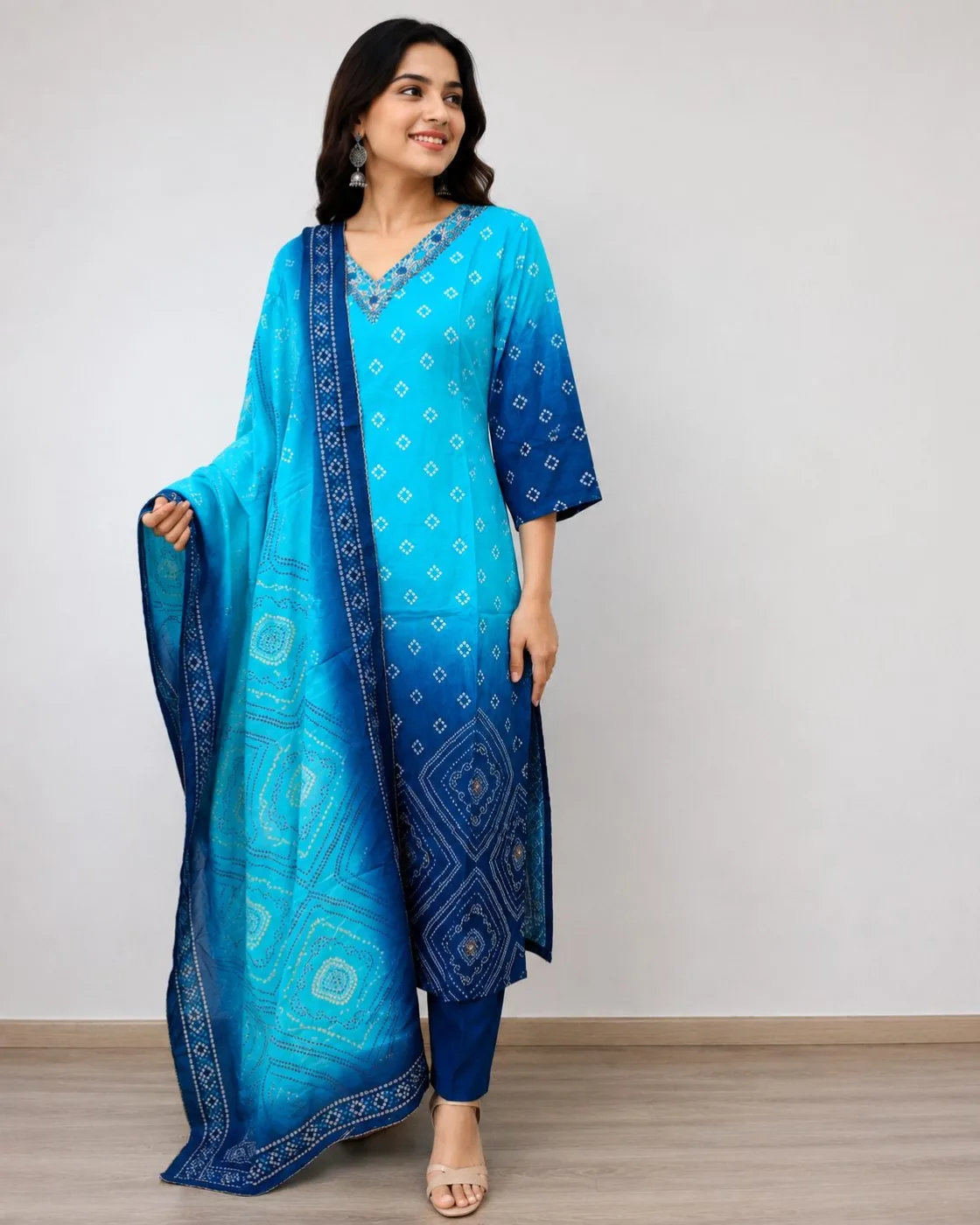 Premium Digital Printed Muslin Kurti Set with Dupatta — Muslin — BLUE — women's fashion — FIVES Lifestyle Nepal