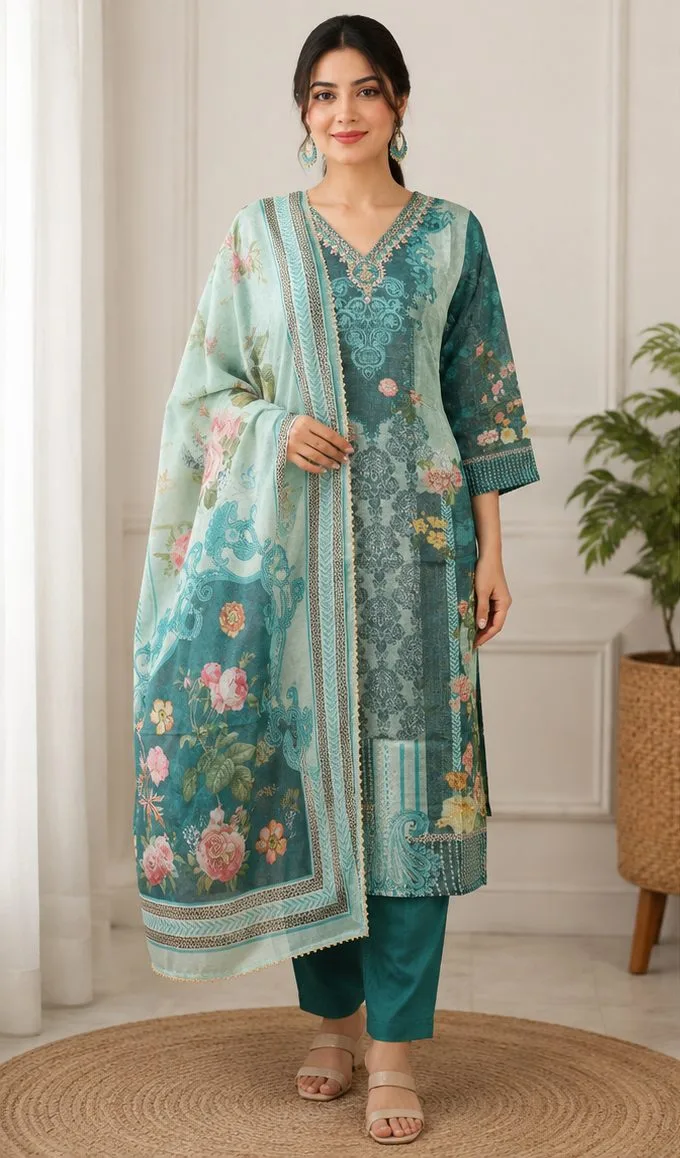 Premium Tissue Fabric Digital Printed Kurti Set with Dupatta — Color 1 — women's fashion — FIVES Lifestyle Nepal