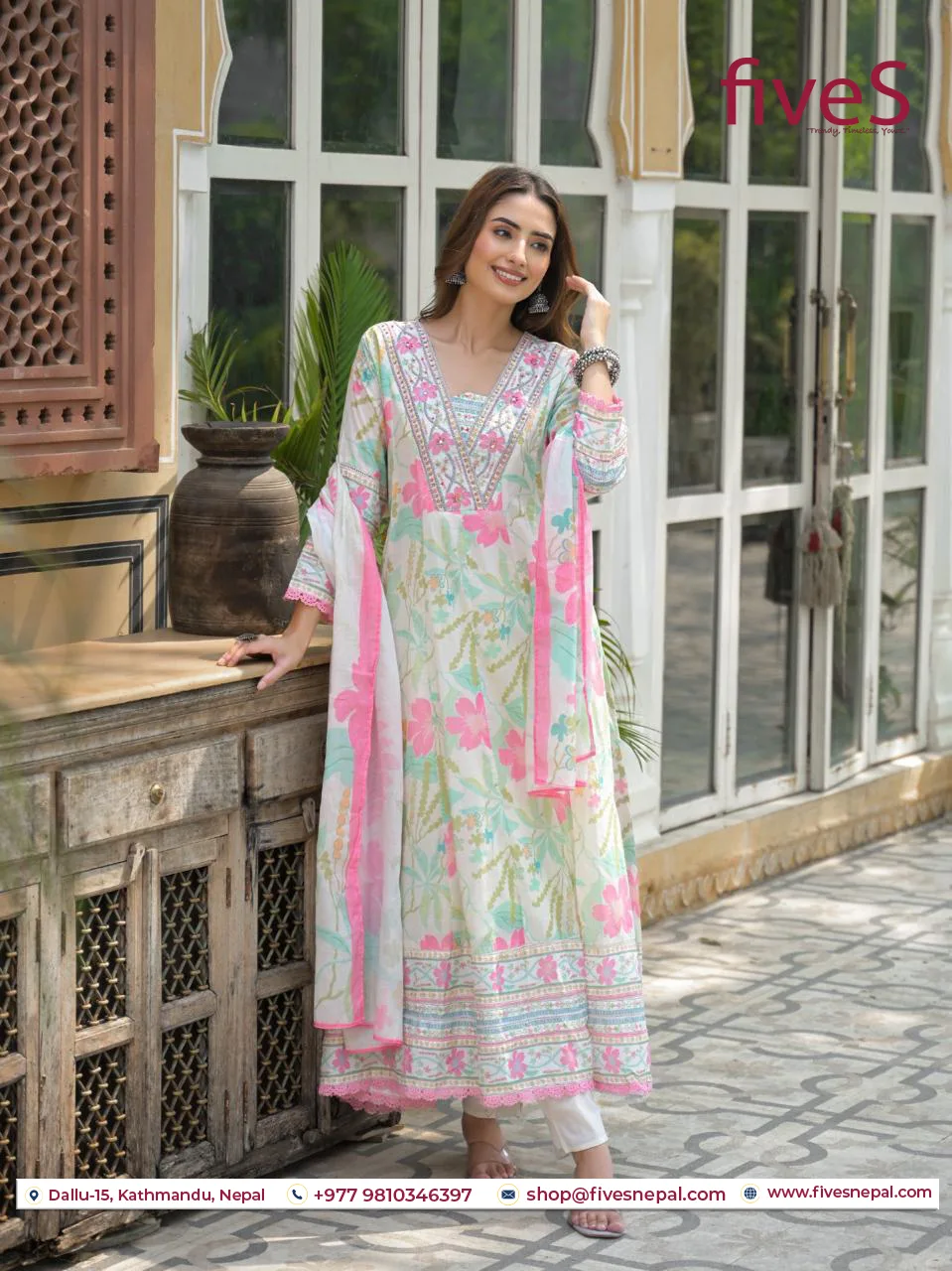Premium Cotton Umbrella Suit Set with Printed Dupatta — Color 1 — women's fashion — FIVES Lifestyle Nepal
