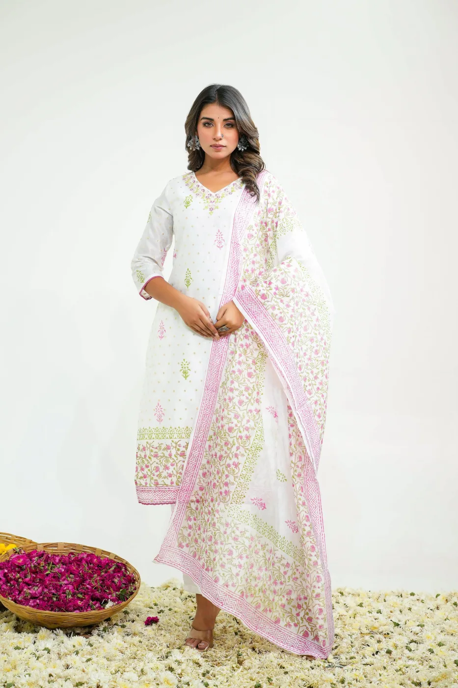 Premium Cotton Printed Kurta Set with Dupatta — Cotton — Pink  White / Blue White — women's fashion — FIVES Lifestyle Nepal