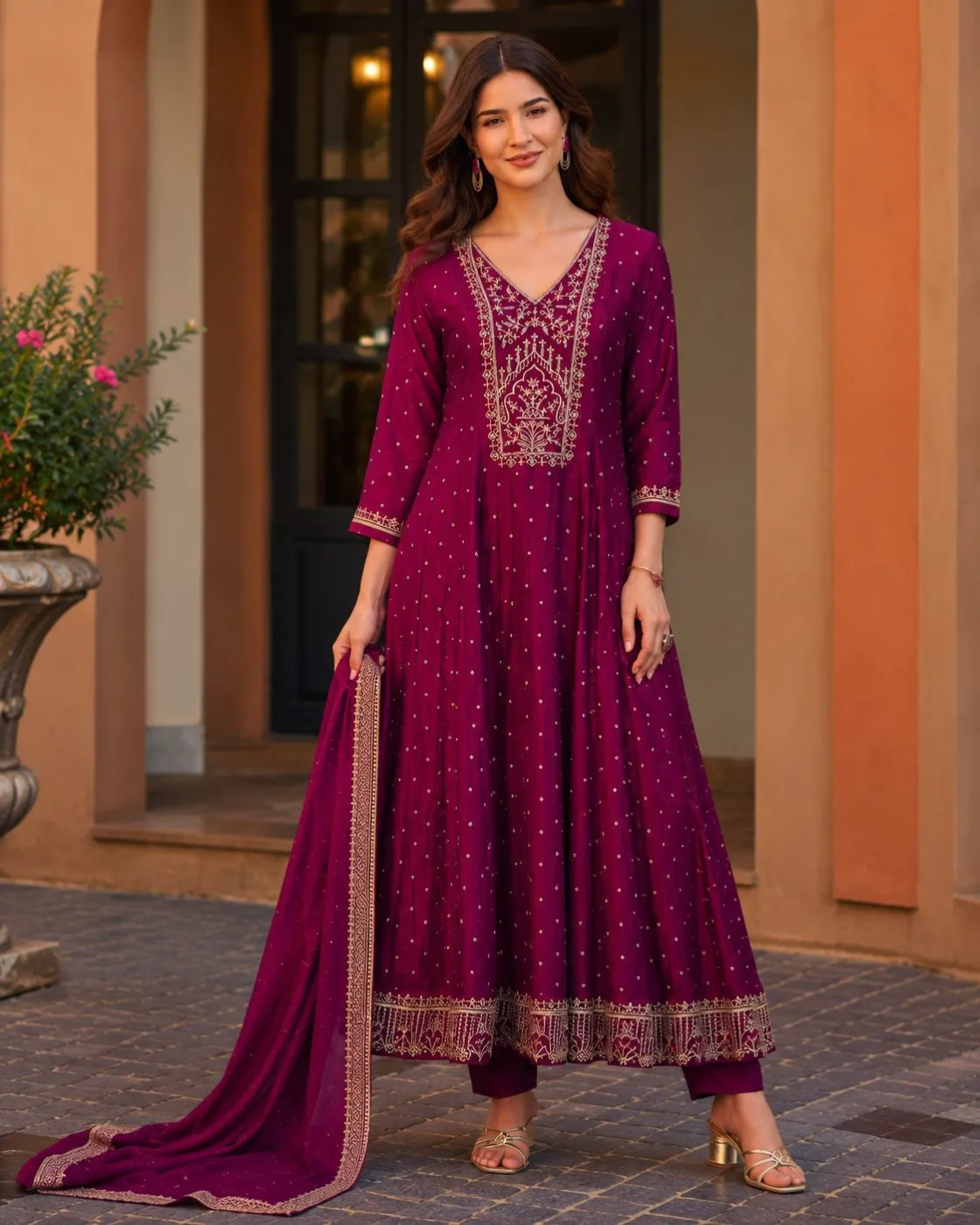 Premium Foil Vichitra Silk Anarkali Dress Set — Silk — Deep Burgundy / Wine — women's fashion — FIVES Lifestyle Nepal