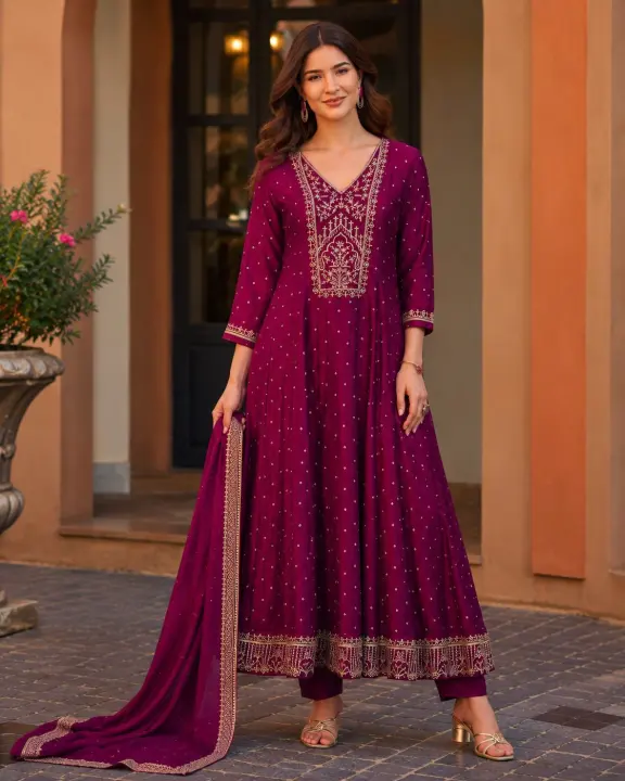 Premium Foil Vichitra Silk Anarkali Dress Set — Deep Burgundy / Wine — women's fashion — FIVES Lifestyle Nepal