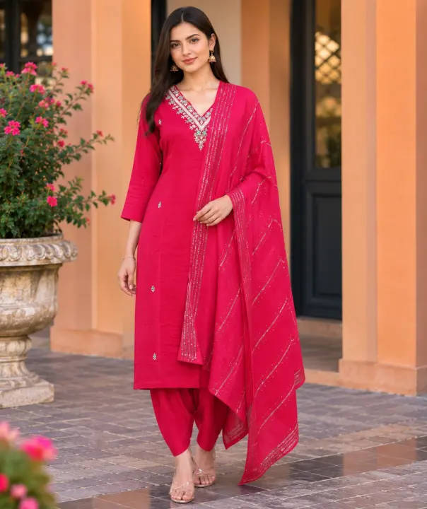 Premium Dolla Silk Kurti with Embroidered Neck — Color 1 — women's fashion — FIVES Lifestyle Nepal
